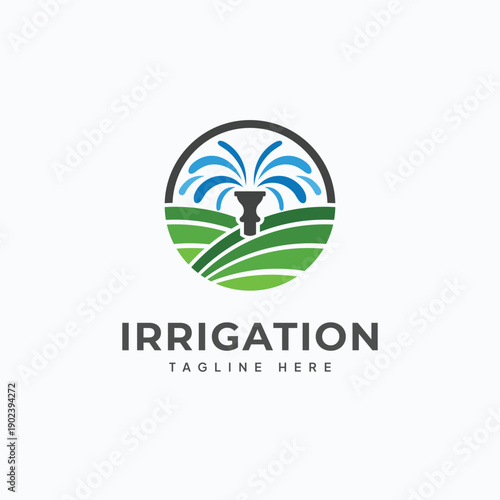 Modern Circular Irrigation Logo with Water Sprinkler and Green Farmland for Sustainable Agriculture Branding