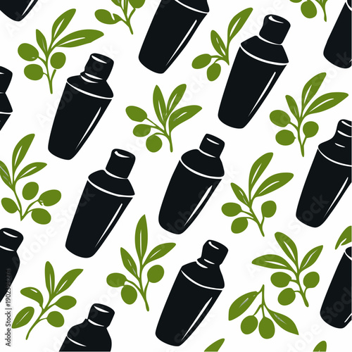 elegant cocktail‑shaker pattern with flowing olive branches celebrating mixology culture, botanical charm, and modern decorative rhythm