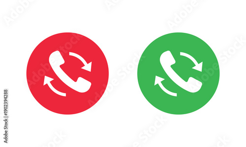 Two circular phone icons, red with white handset facing down to end call, and green with white handset facing up to answer call. Universal mobile communication symbols for apps and interfaces.