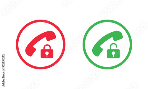 Two circular phone icons, red with white handset facing down to end call, and green with white handset facing up to answer call. Universal mobile communication symbols for apps and interfaces.