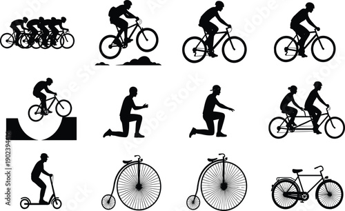 Collection of black silhouettes of people cycling and riding scooters and penny-farthing bicycles