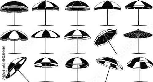 Vector, black, silhouette, illustration, set, of, various, beach, umbrellas, and, sun, parasols, for, summer, vacation, holiday, travel, leisure, and, outdoor, coastal, design