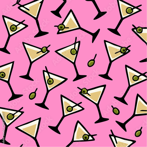 pink cotton candy playful martini‑glass repeat with bright garnishes swirling across a pop‑pink field evoking celebration, rhythm, and modern cocktail culture