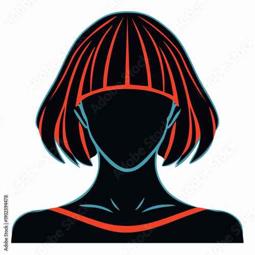 graphic bob‑cut silhouette edged in red and cyan glow celebrating sharp style, quiet mystery, and the modern pulse of minimal portrait art
