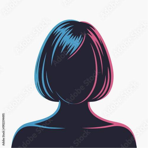 retro mod bold bob‑cut silhouette with blue and pink highlights expressing modern style, graphic clarity, and contemporary character design
