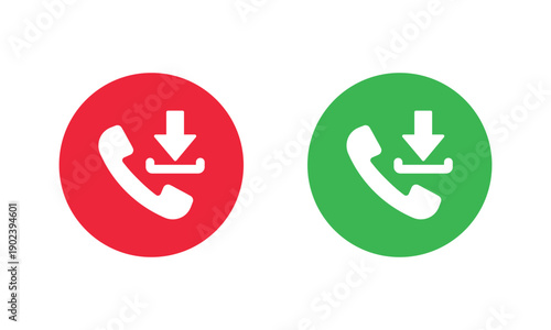 Vector set of incoming call icons in red and green circles. Phone handset with a download arrow symbol, representing call recording or receiving data. Minimalist flat design on white.