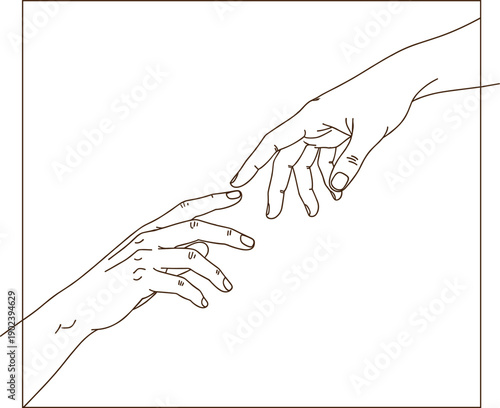 Tableau sur toile Minimalist Fine Line Art Illustration of Two Hands Reaching Out in the Creation