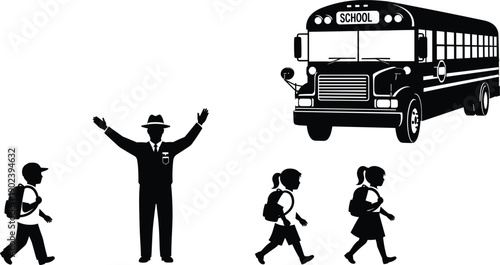 Black silhouette set of school bus crossing guard and students walking with backpacks vector illustration isolated on white background for back to school design