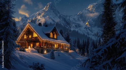Snow-covered wooden house in alpine forest with Christmas lights glowing warmly in evening light, surrounded by snowy trees and distant mountains. Generative by AI