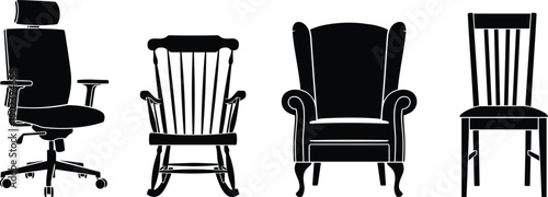 WebSet of black furniture silhouettes including modern ergonomic office chair rocking chair classic wingback armchair and wooden dining room chair isolated on white background