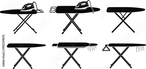 Vector, black, silhouette, illustration, set, of, various, ironing, boards, and, electric, irons, for, laundry, housework, household, chores, domestic, service, and, home, appliance, design