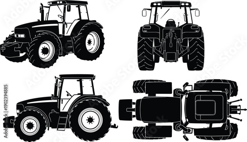 Vector, black, silhouette, illustration, set, of, various, farm, tractors, from, front, side, and, top, views, for, agriculture, farming, machinery, and, industrial, equipment, design