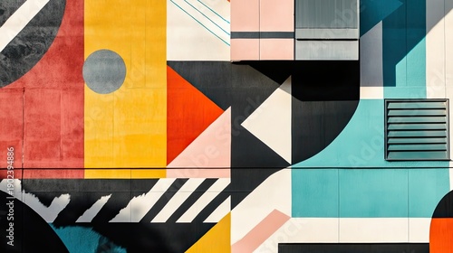 Bright mural with colorful geometric patterns painted across a large building wall above empty parking lot under clear blue sky. Generative by AI