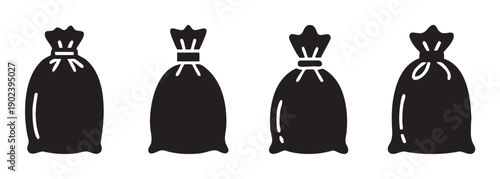 Group of stylized black icons representing drawstring bags or sacks in various forms
