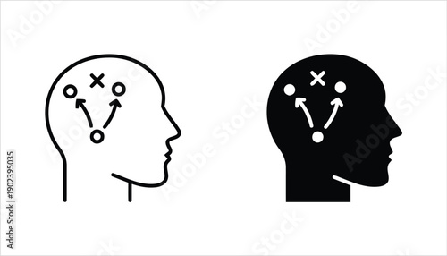 Head profile with strategy game inside, linear and solid icons