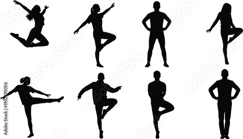 People silhouettes performing dance, fitness, and balance poses, human activity collection, isolated black vector illustration for sport and lifestyle design