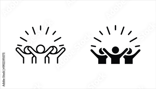 Group of three figures cheering with radiating lines above them, outline and silhouette versions