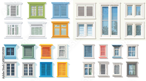 Collection of colorful window illustrations with various frame styles. Architectural facade elements suitable for residential buildings renovation projects and graphic resources.