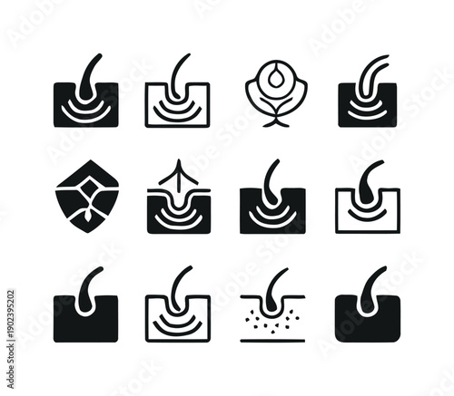 Hair follicle icons representing healthy and unhealthy hair growth and care