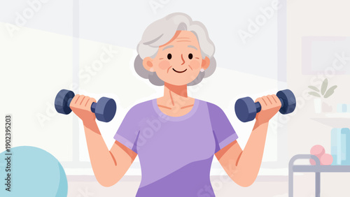 A woman is lifting weights in a gym. She is smiling and she is enjoying her workout