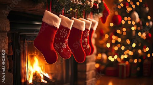 Decorated Christmas stockings hang above a stone fireplace with a crackling fire, casting warm light on the hearth in a festive, rustic interior. Generative by AI