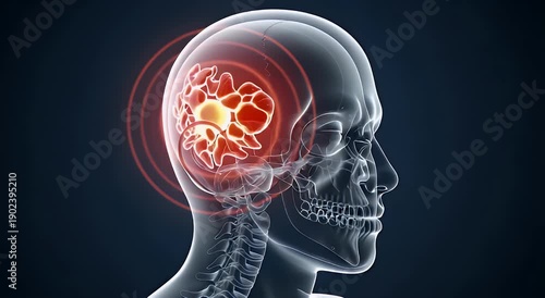 Front-profile X-ray style image visualizing an illuminated brain tumor causing severe headaches and neurological damage.