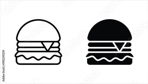 Hamburger with cheese and lettuce icon outline and solid black