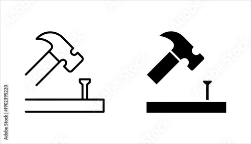 Hammer striking nail in wood icon outline and filled styles