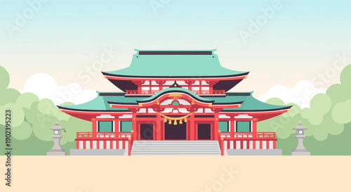 Pixelated Japanese shrine with red and green pagoda and gentle landscape