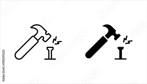 Hammer hitting nail with sparks outline and solid icons
