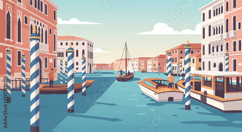 Pixelated Venice canal scene with boats and striped poles under clouds