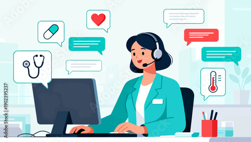 A woman in a white lab coat is talking on a headset while sitting at a desk with a computer monitor. The computer monitor has a heart on it and a thermometer. The woman is smiling and she is happy