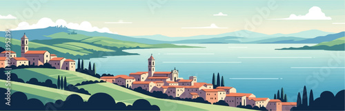 Pixelated Italian village nestled on a hillside overlooking a serene lake and distant mountains