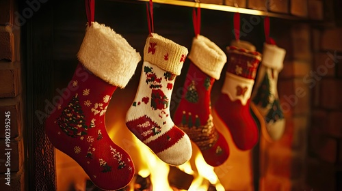 Decorated Christmas stockings hang above a stone fireplace with a crackling fire, casting warm light on the hearth in a festive, rustic interior. Generative by AI