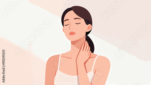 A woman is shown with her head tilted to the side and her hand on her neck. Concept of relaxation and calmness