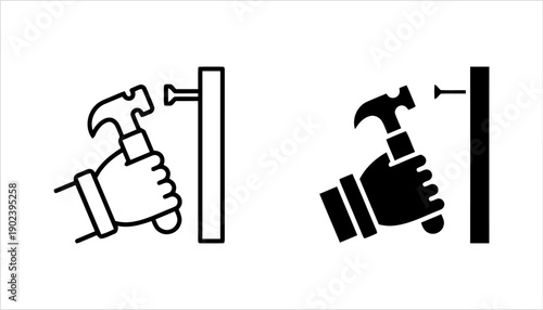 Hammer hitting nail into wood and separate nail icon outline and filled illustration