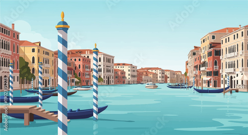 Pixelated Venice canal scene with colorful buildings and gondolas