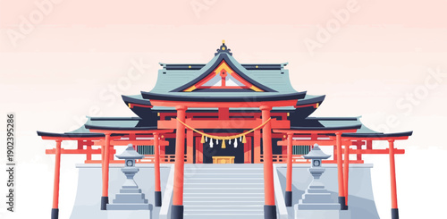 Pixelated Japanese shrine with red torii gates and tiered roofs under soft sky