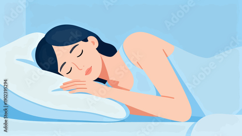 A woman is sleeping on a bed with a pillow. The pillow is white and the bed is blue