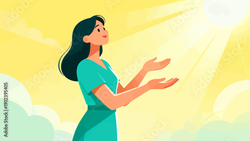 A woman is holding her hands up in the air, with the sun shining on her face. Concept of hope and positivity, as the woman is reaching for the sun