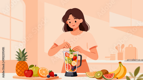 A woman is making a smoothie with a blender. The blender is full of fruits and vegetables, including bananas, strawberries, and oranges. The woman is smiling as she blends the ingredients together