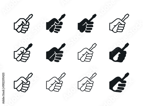 Hand holding screwdriver icon set with various styles