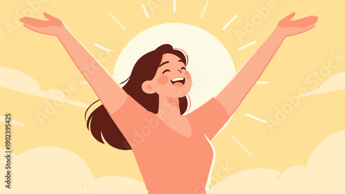 A woman is smiling and holding her arms up in the air. Concept of happiness and positivity