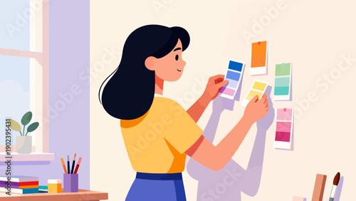 A woman is standing in front of a white wall with a bunch of colorful papers on it. She is smiling and seems to be enjoying herself. The scene could be interpreted as a creative or artistic space