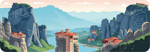 Pixelated landscape with monasteries perched on rocky peaks, tranquil waters below