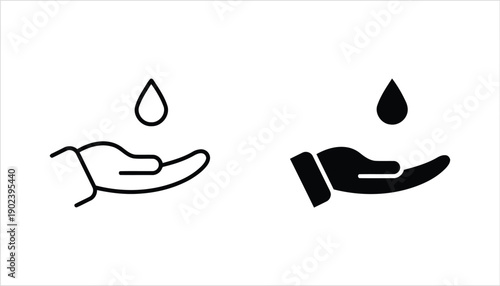 Hand holding water drop icon set outline and fill styles