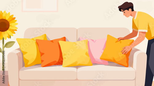 A man is sitting on a couch with a yellow pillow. He is looking at the pillow and touching it