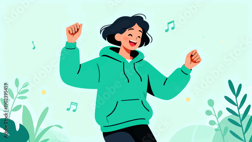 A woman is dancing and singing to music. The image has a happy and energetic mood. The woman is wearing a green hoodie and is surrounded by plants