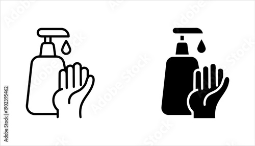 Hand sanitizer pump bottle with hand icon in line and solid styles
