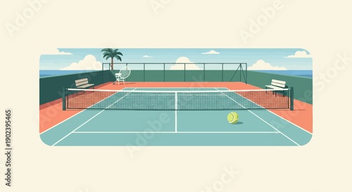 Pixel art tennis court by the ocean with a palm tree